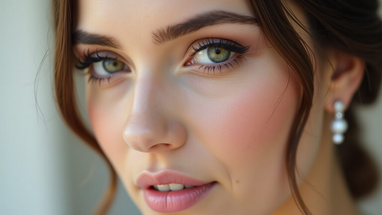Noiva com maquiagem delicada e blush rosa suave.