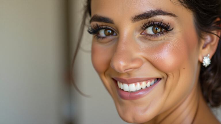 Noiva brasileira radiante com maquiagem natural e pele luminosa.