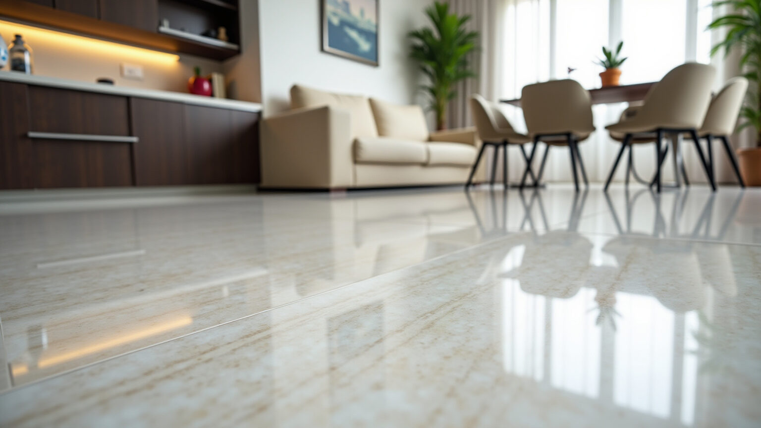 Sala de estar com piso de mármore restaurado e brilhante.
