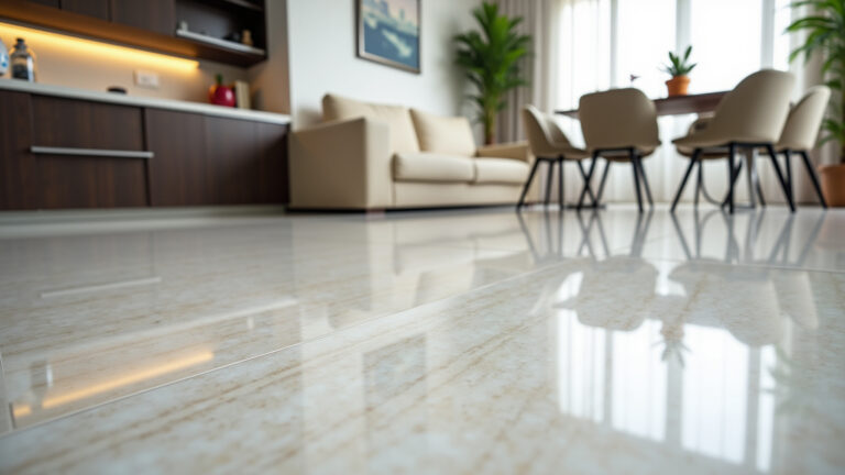 Sala de estar com piso de mármore restaurado e brilhante.