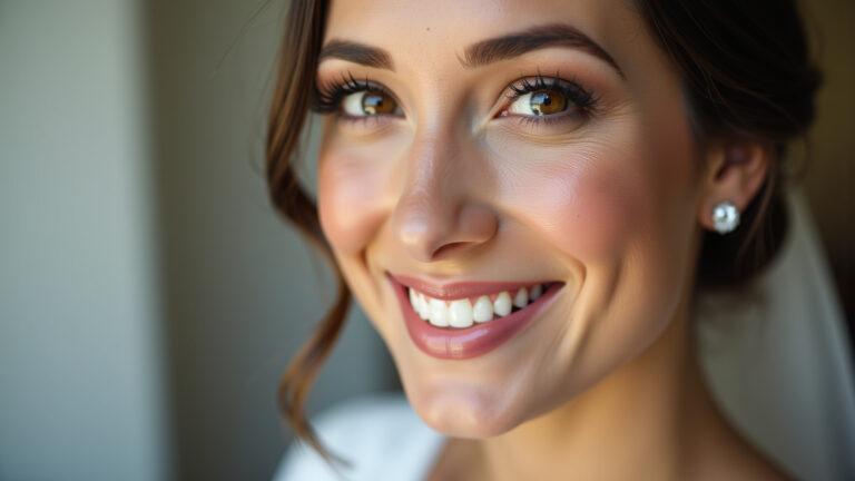 Noiva morena radiante com maquiagem natural para casamento civil.