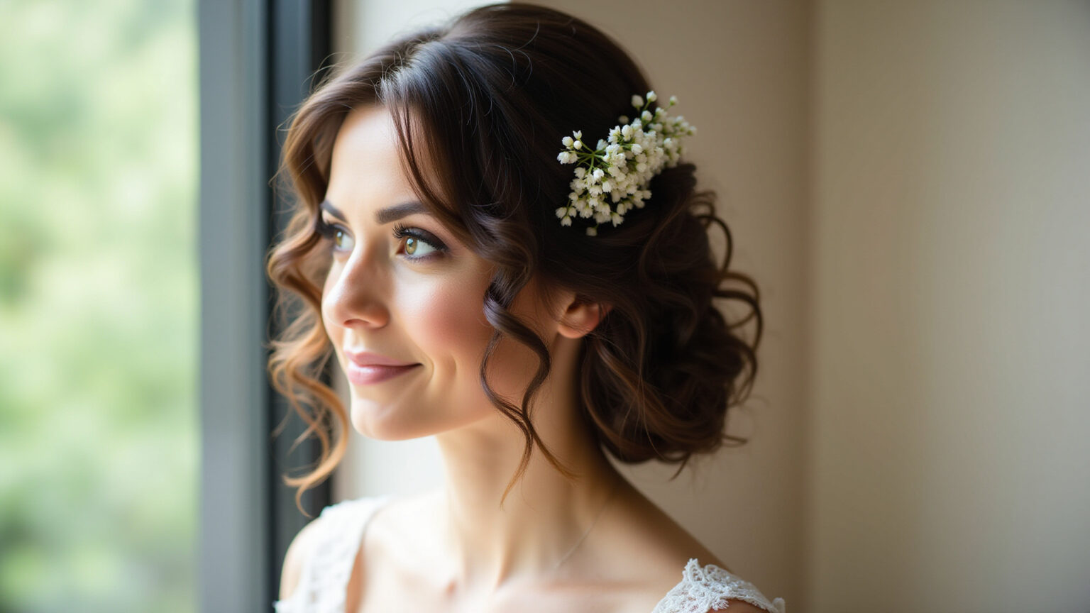 Penteados para Noiva com Cabelo Cacheado: Celebre seus Cachos no Grande Dia! Noiva cacheada com coque solto e flores delicadas.