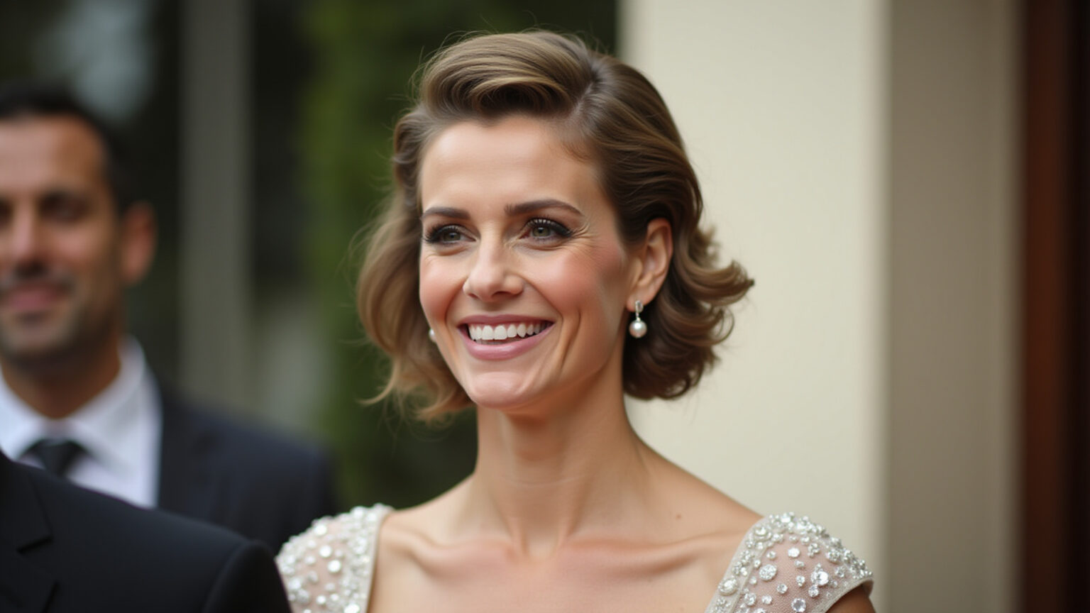 Penteados para Madrinha com Cabelo Curto: Elegância e Praticidade em Harmonia Madrinha elegante com cabelo curto e ondas suaves em casamento diurno.