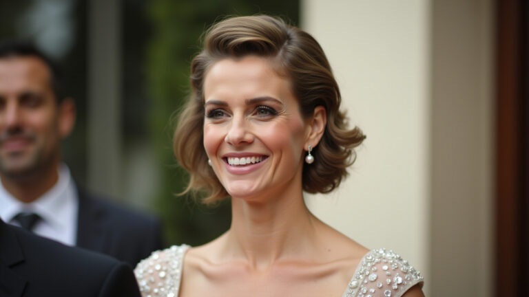 Madrinha elegante com cabelo curto e ondas suaves em casamento diurno.
