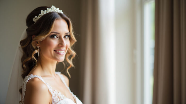 Noiva radiante com cabelo solto e tiara de pérolas em casamento civil.