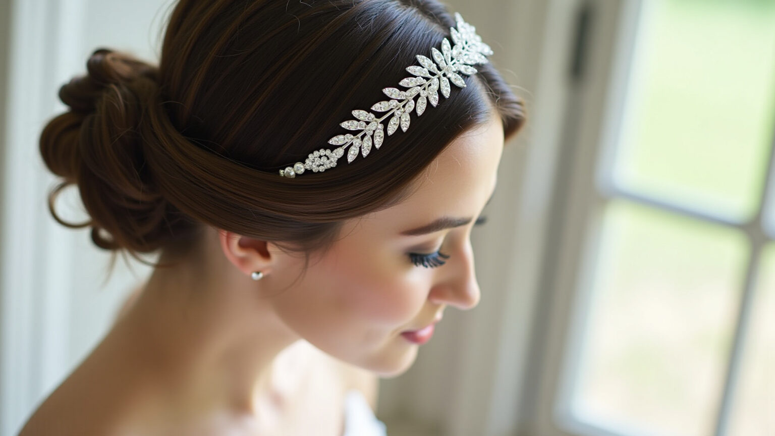 Acessórios de Cabelo para Noiva Minimalista: Menos é Mais, Elegância Pura! Noiva minimalista com tiara delicada de cristais.