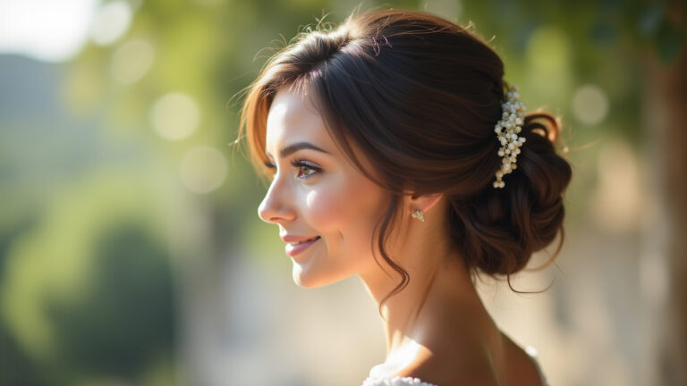Convidada de casamento com penteado elegante e acessórios delicados.
