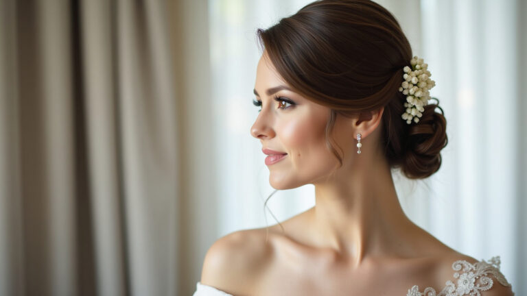 Noiva elegante com penteado clássico e flores sutis.