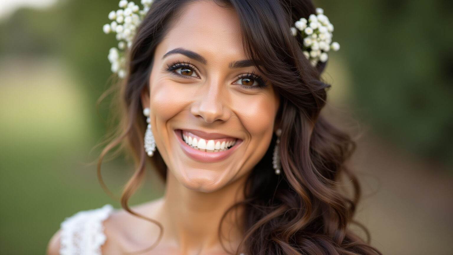 Penteado casamento cabelo solto: a liberdade de ser você no grande dia! Noiva brasileira radiante com cabelo solto e flores.