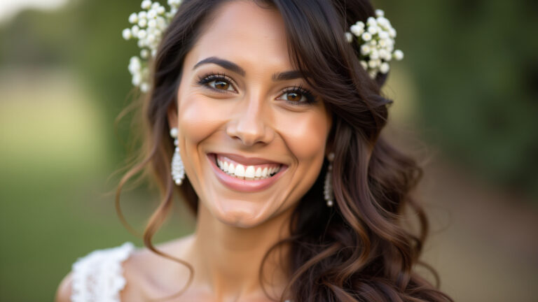 Noiva brasileira radiante com cabelo solto e flores.