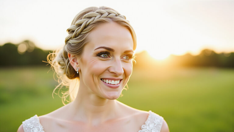 Noiva com penteado elegante de trança para casamento ao ar livre.