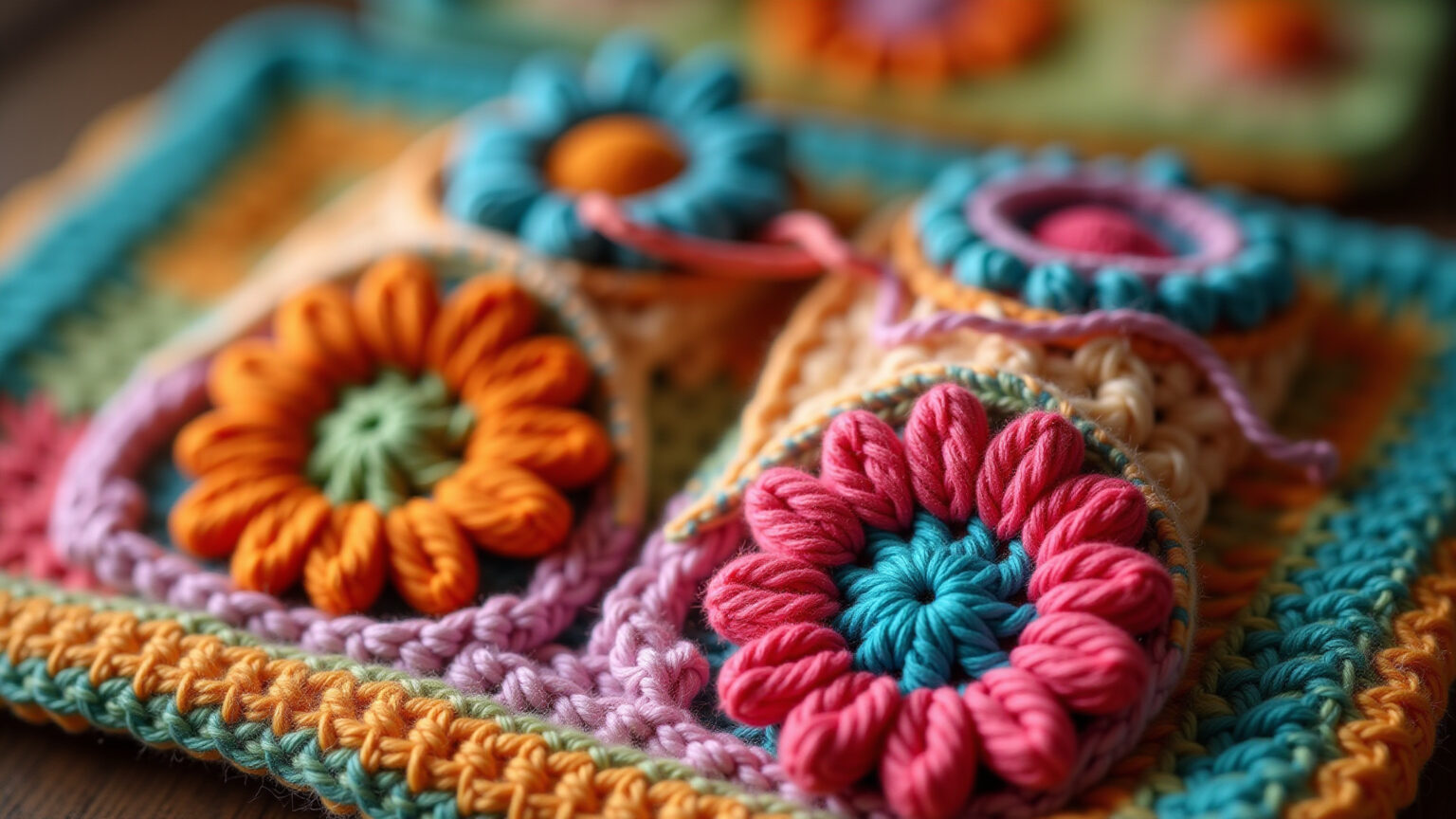 Jogo de banheiro em crochê com flores vibrantes.