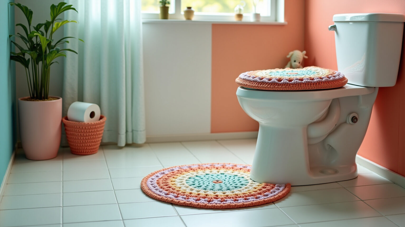 Jogo de banheiro em crochê simples e colorido, estilo brasileiro.