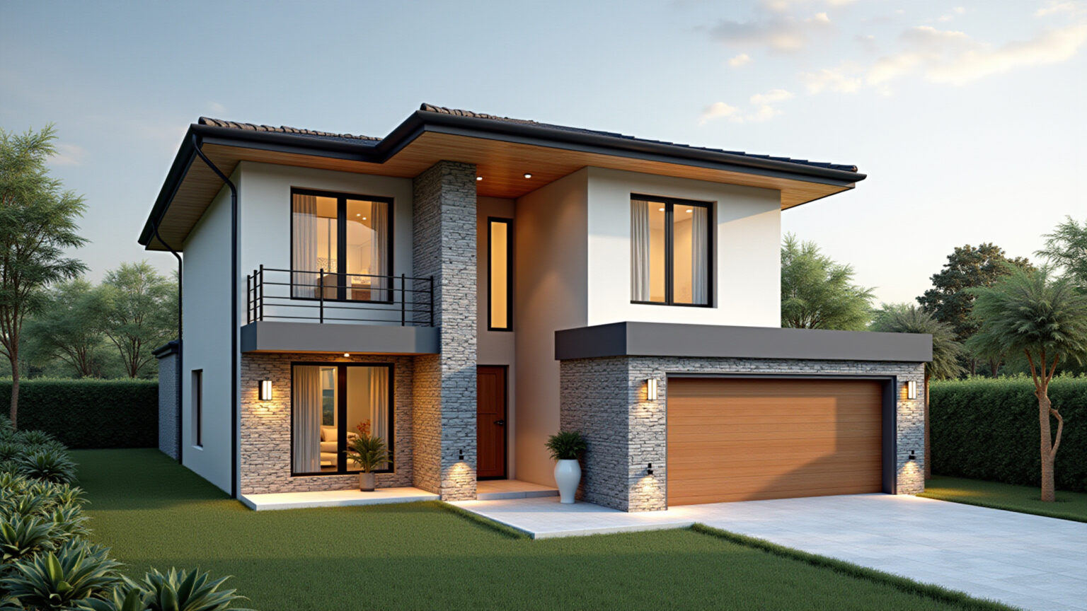 10 Ideias de Fachada de Sobrado com Pé Direito Duplo para Te Inspira Fachada imponente de sobrado com pé direito duplo e revestimento em pedra natural.