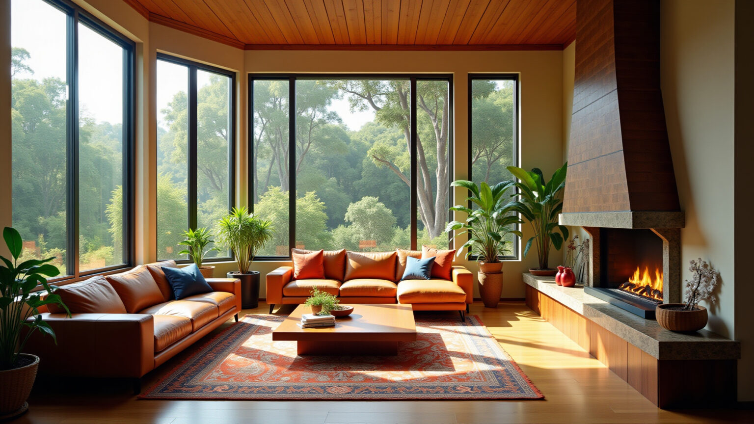 Sala de estar com pé direito duplo, janelas amplas e design brasileiro vibrante.