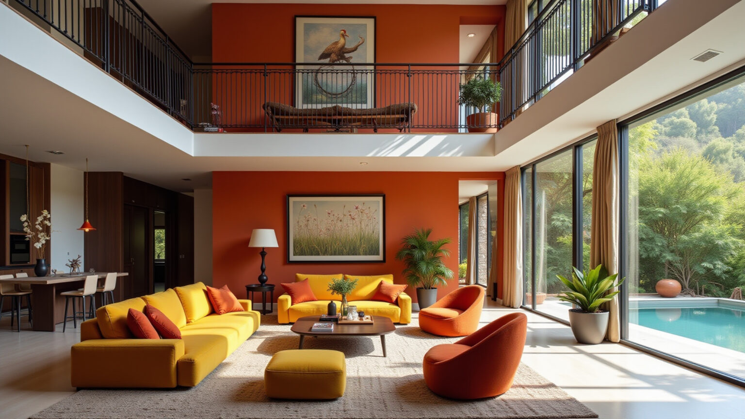 Sala de estar elegante com pé direito duplo e mezanino, design brasileiro.