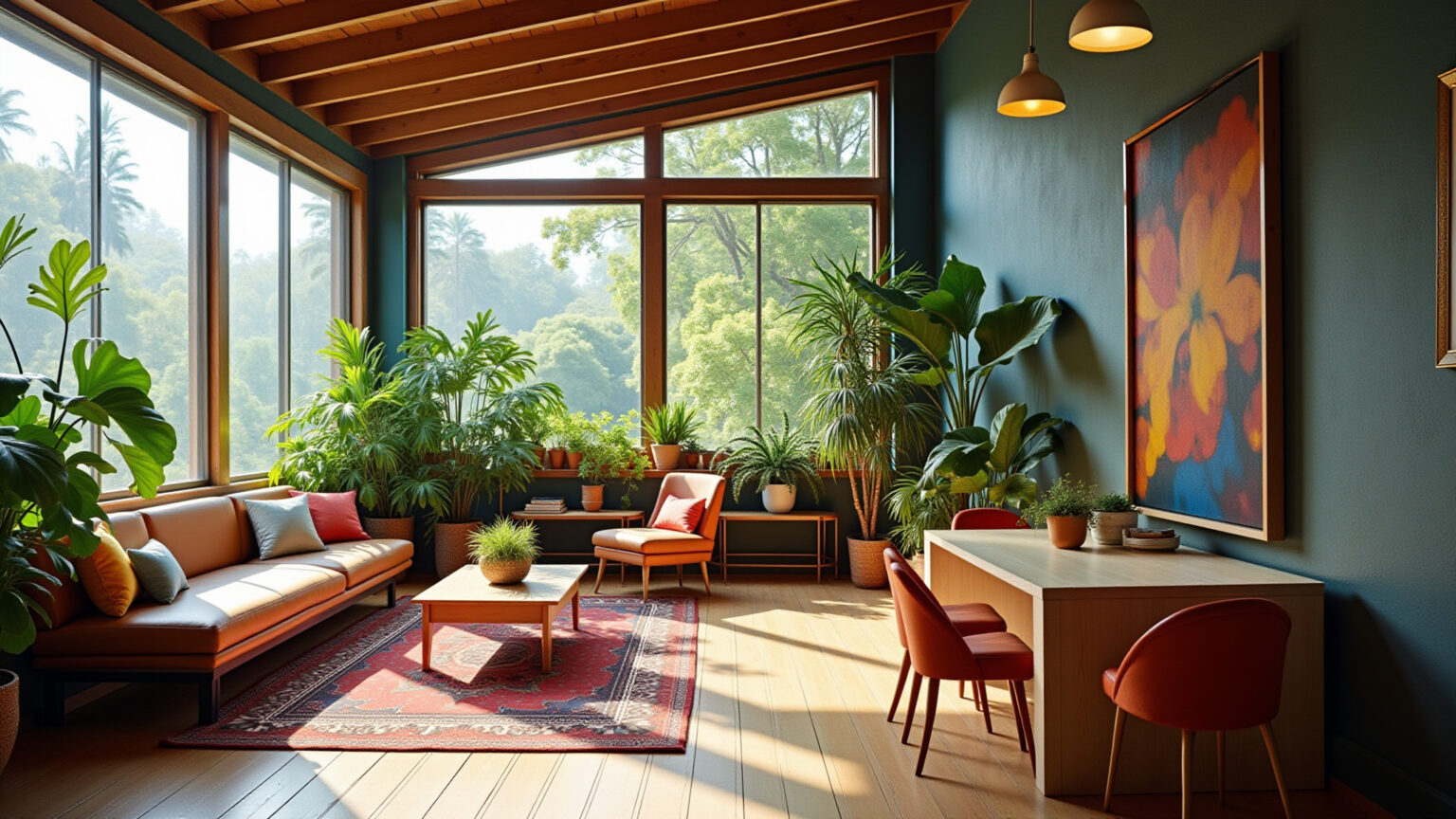 Loft com pé direito duplo, design brasileiro vibrante e luz natural.