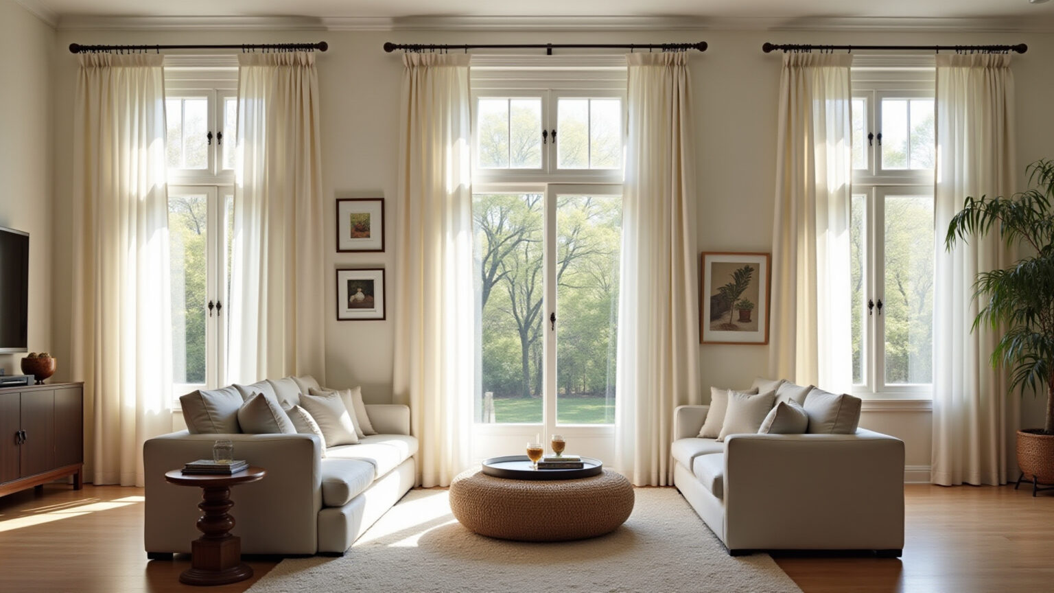 Sala de estar iluminada com cortinas de linho em pé direito duplo.