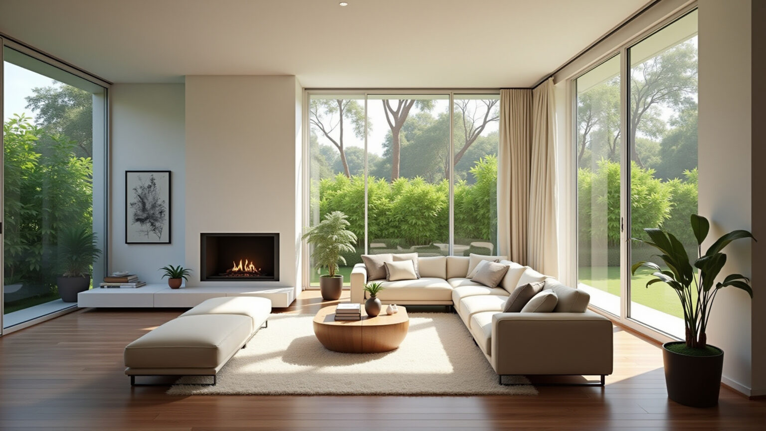 Pé Direito Duplo: Ideias de Planta Baixa para Inspirar Sala de estar iluminada com pé direito duplo e vista para jardim brasileiro.