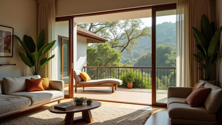 Varanda com pé direito duplo integrada à sala, design brasileiro e luz natural.