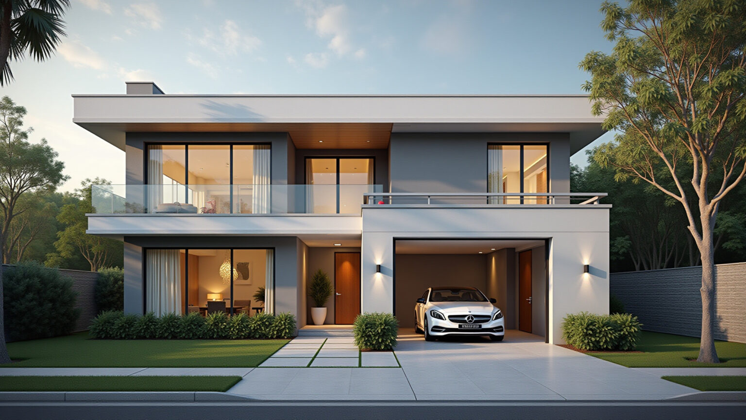 Garagem com pé direito duplo em casa moderna brasileira, design elegante.