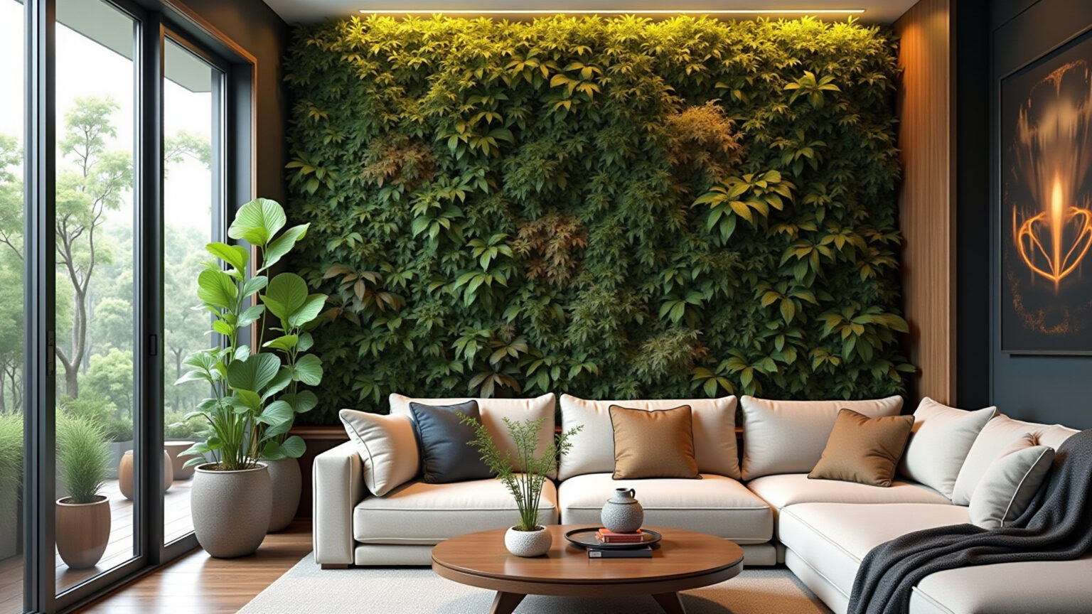 Jardim vertical vibrante em sala de estar de pé direito duplo.