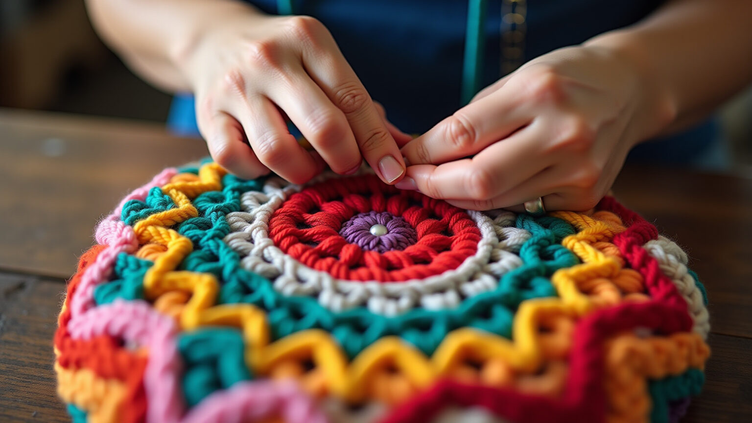 Mãos habilidosas criando bolsa de crochê colorida.