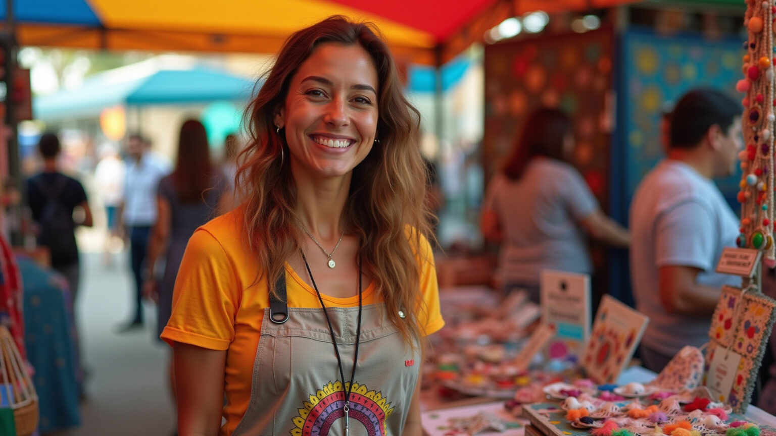 Artesã sorrindo em stand colorido na feira de artesanato.