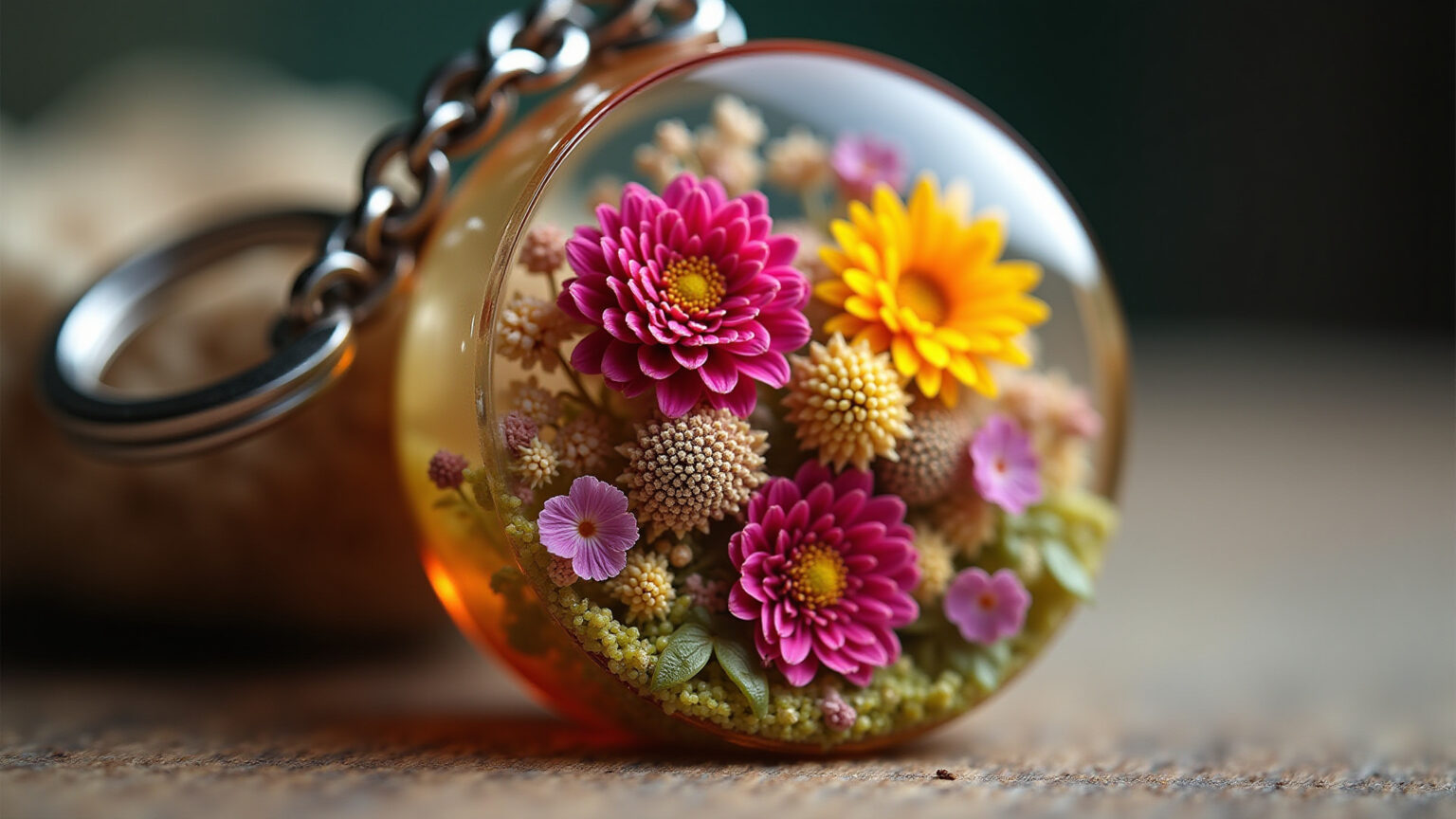 Chaveiro de resina artesanal com flores secas.