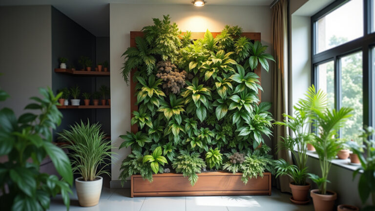 Pequeno jardim vertical em apartamento moderno com plantas.
