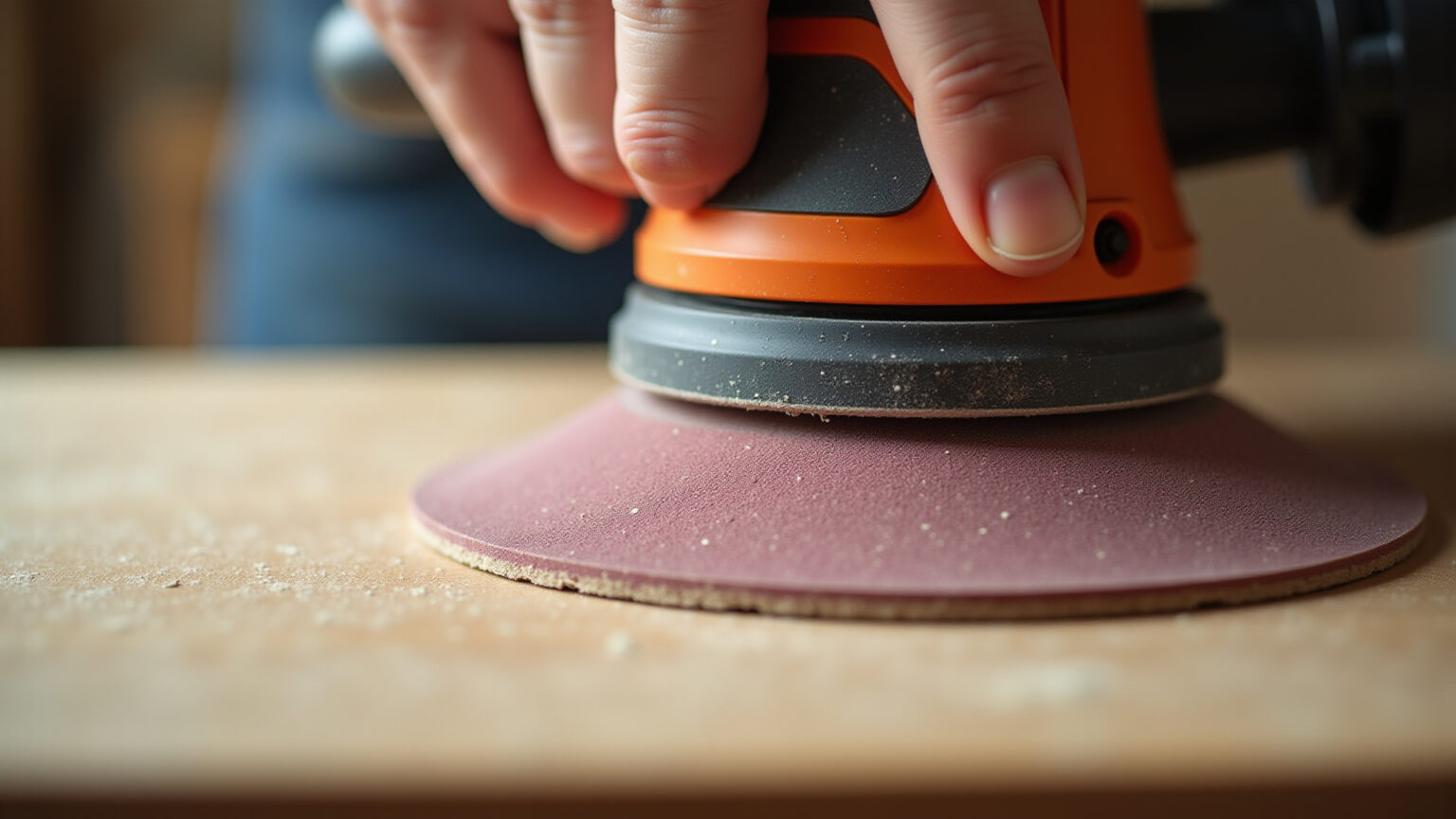 Mão lixando madeira para acabamento perfeito.