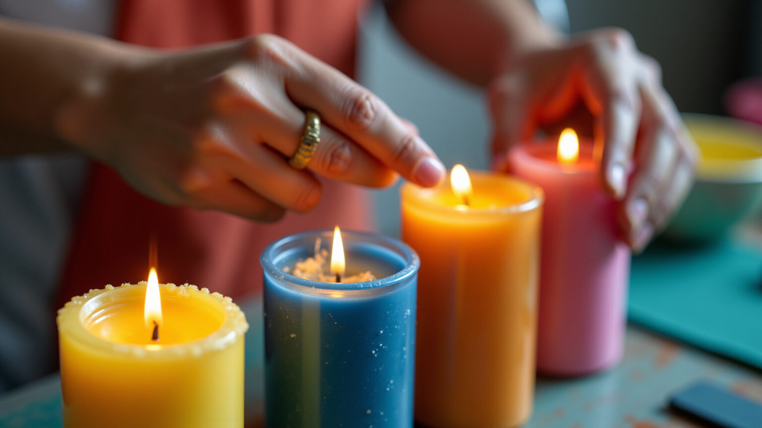 Mãos criando velas artesanais coloridas com cera natural.