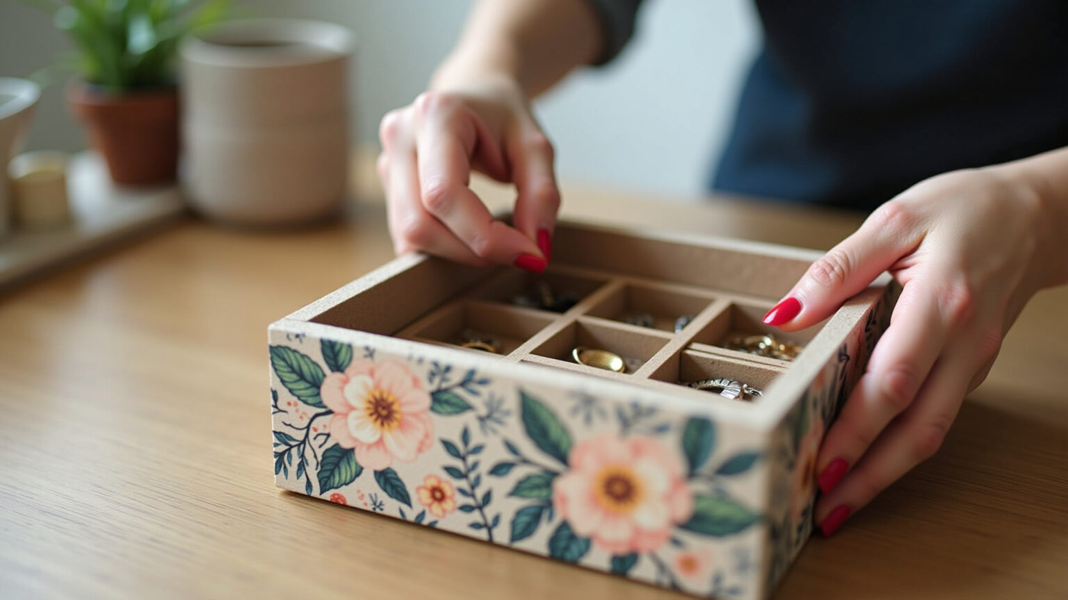 Mãos femininas organizando joias em porta joias de MDF com decoupage floral.