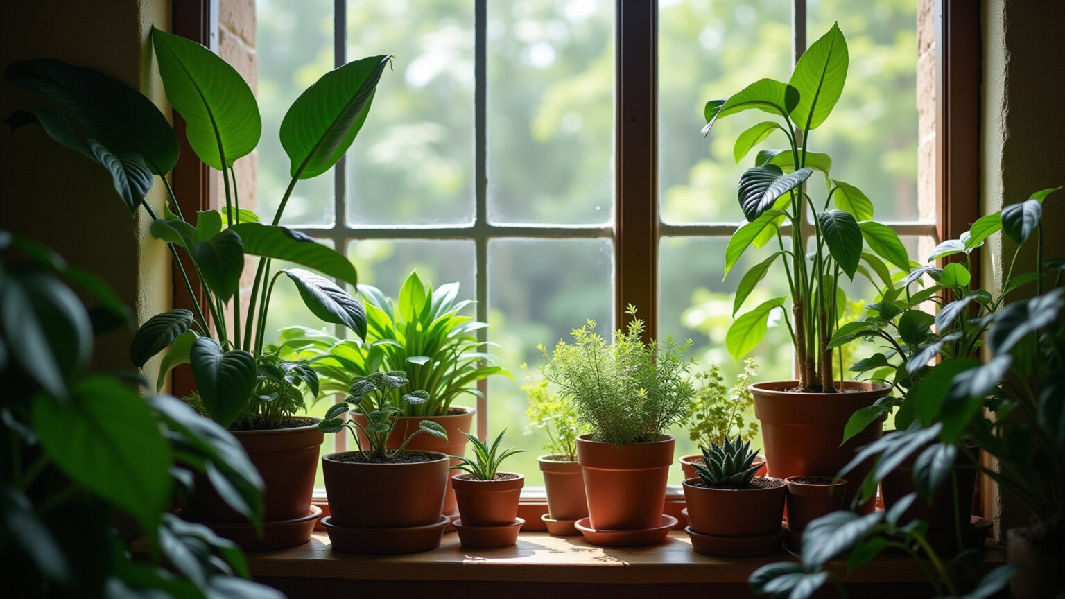 Jardim de inverno exuberante com plantas que prosperam na sombra.