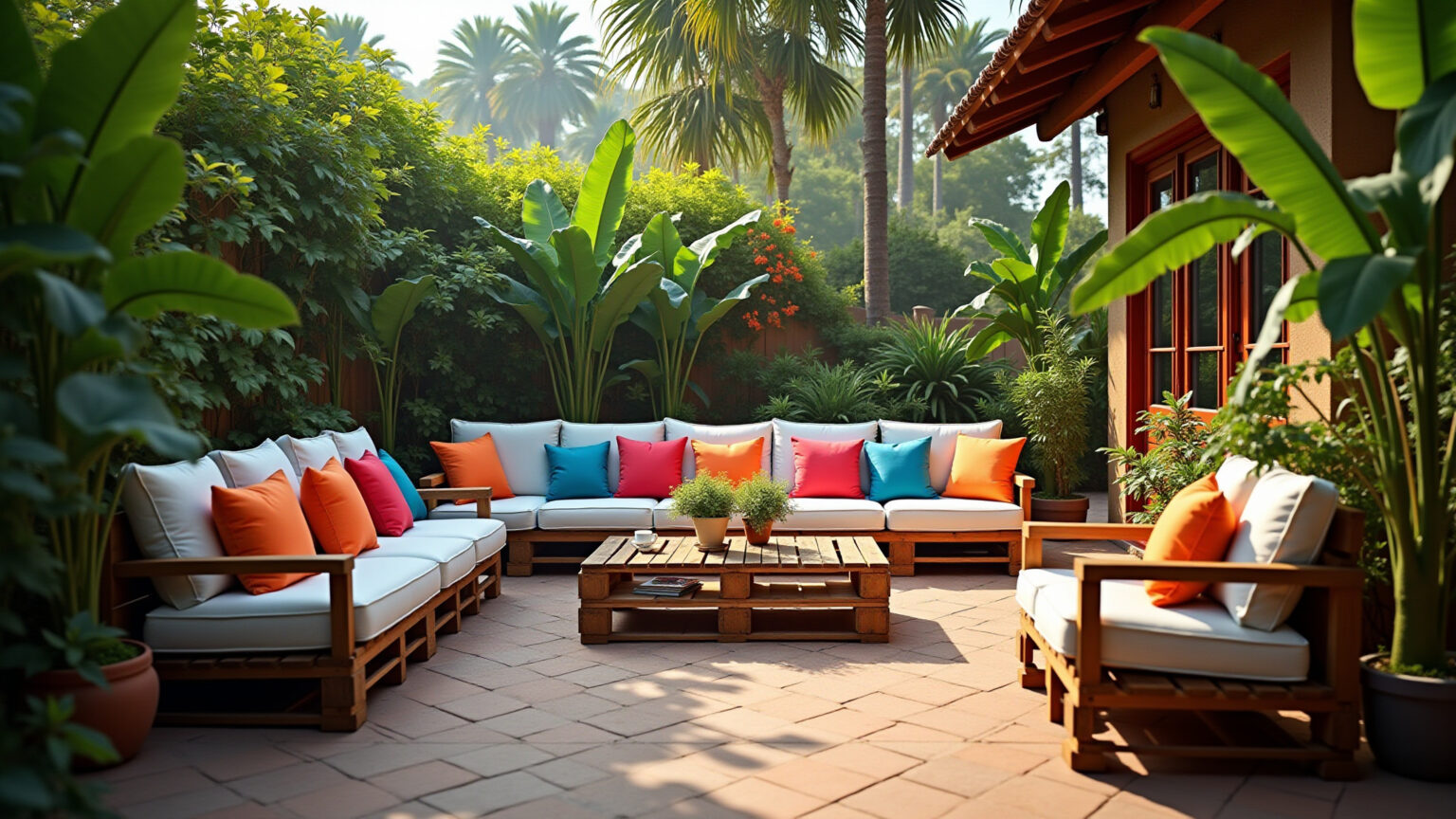 Jardim brasileiro vibrante com móveis de pallet e almofadas coloridas.