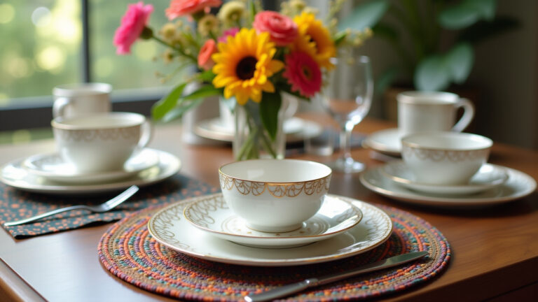 Mesa elegantemente posta com aparelho de jantar de porcelana moderno e flores coloridas.