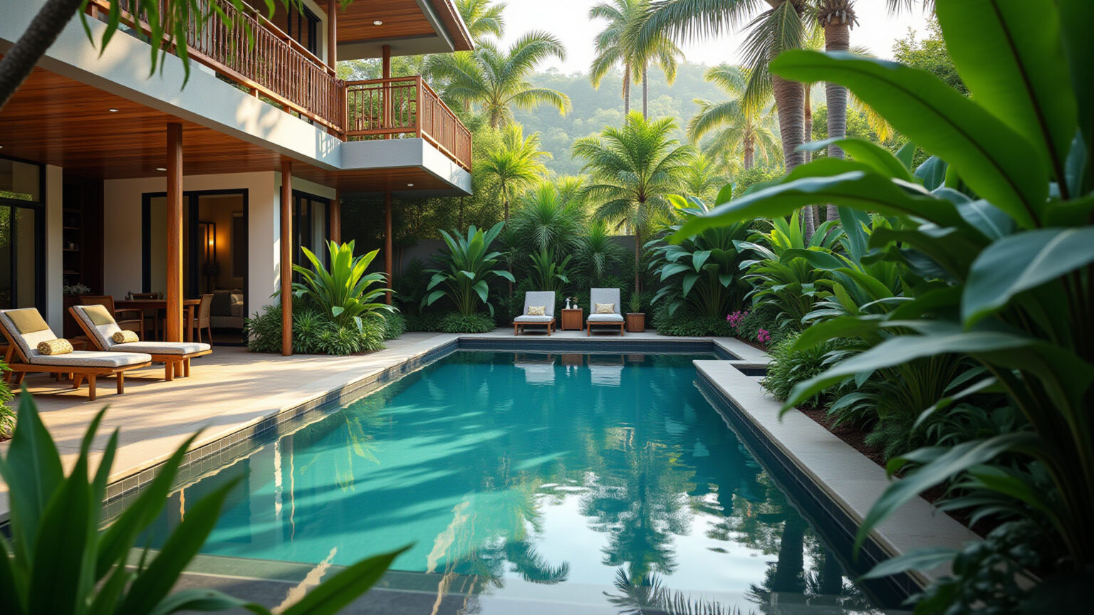 Piscina com jardim tropical exuberante em estilo brasileiro.