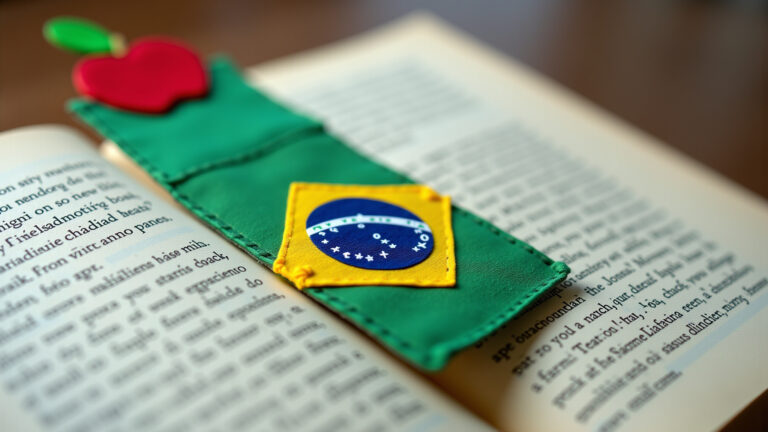 Marcador de página artesanal com tema do Dia do Professor e cores do Brasil.