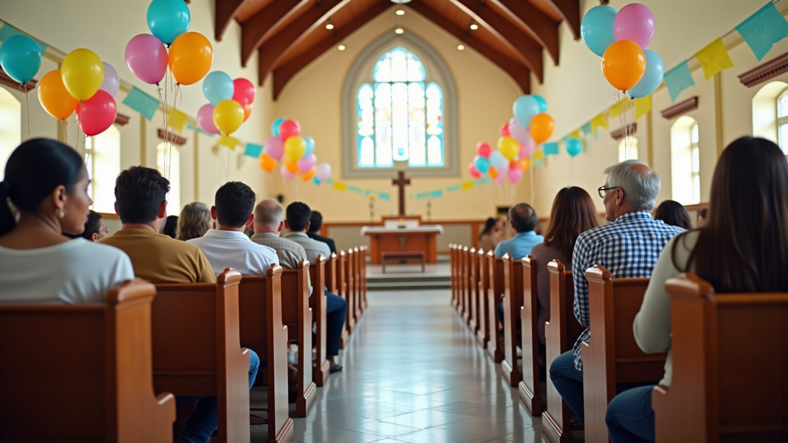 Salão de igreja decorado para o Dia das Crianças com adultos diversos celebrando.
