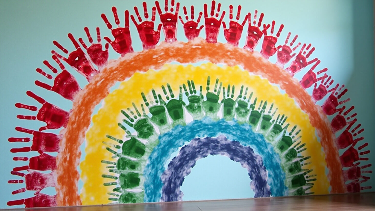 Mural vibrante com mãos carimbadas formando um arco-íris para o Dia das Crianças.