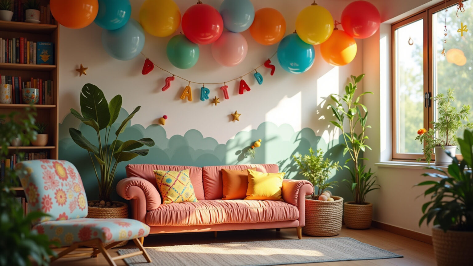 Sala decorada para o Dia das Crianças com balões e enfeites vibrantes.