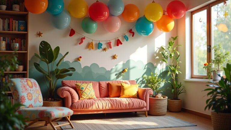 Sala decorada para o Dia das Crianças com balões e enfeites vibrantes.