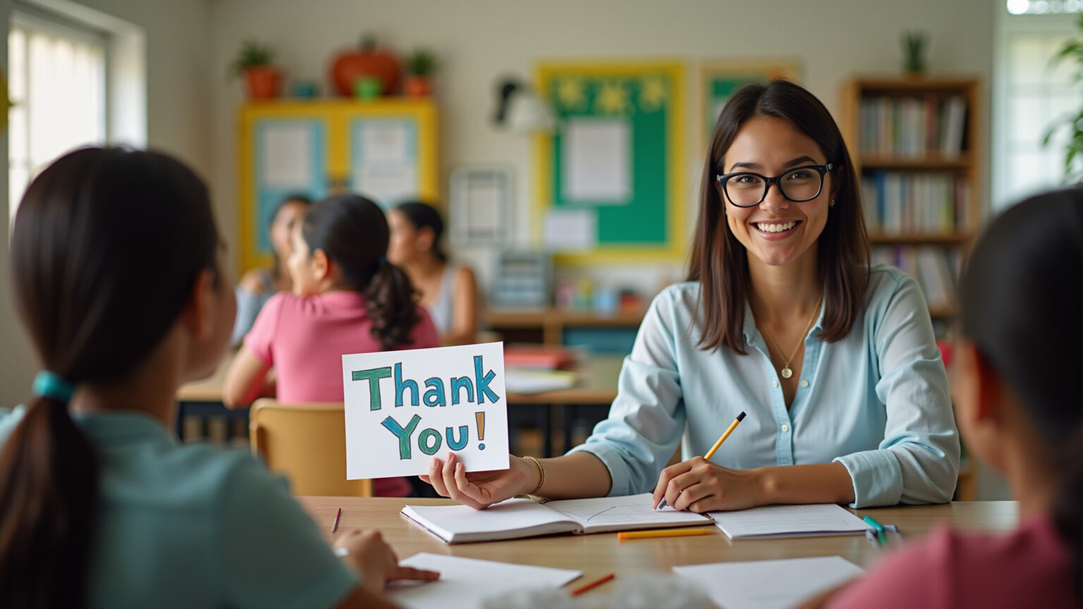 Professora sorrindo ao receber cartão de agradecimento de aluno adulto.