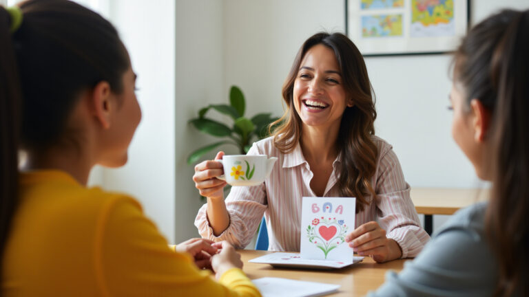 Professora sorrindo ao receber kit de chá personalizado no Dia do Professor.