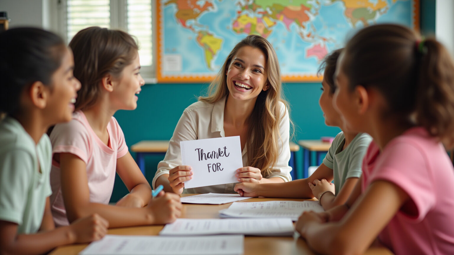 Alunos entregando cartão de agradecimento feito à mão para professora sorridente.