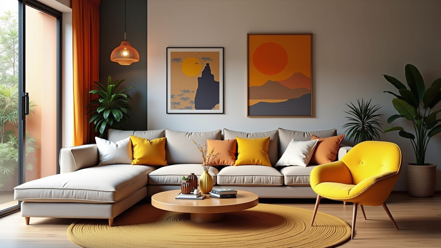 Sala de estar vibrante com design brasileiro e cores neutras e vibrantes.