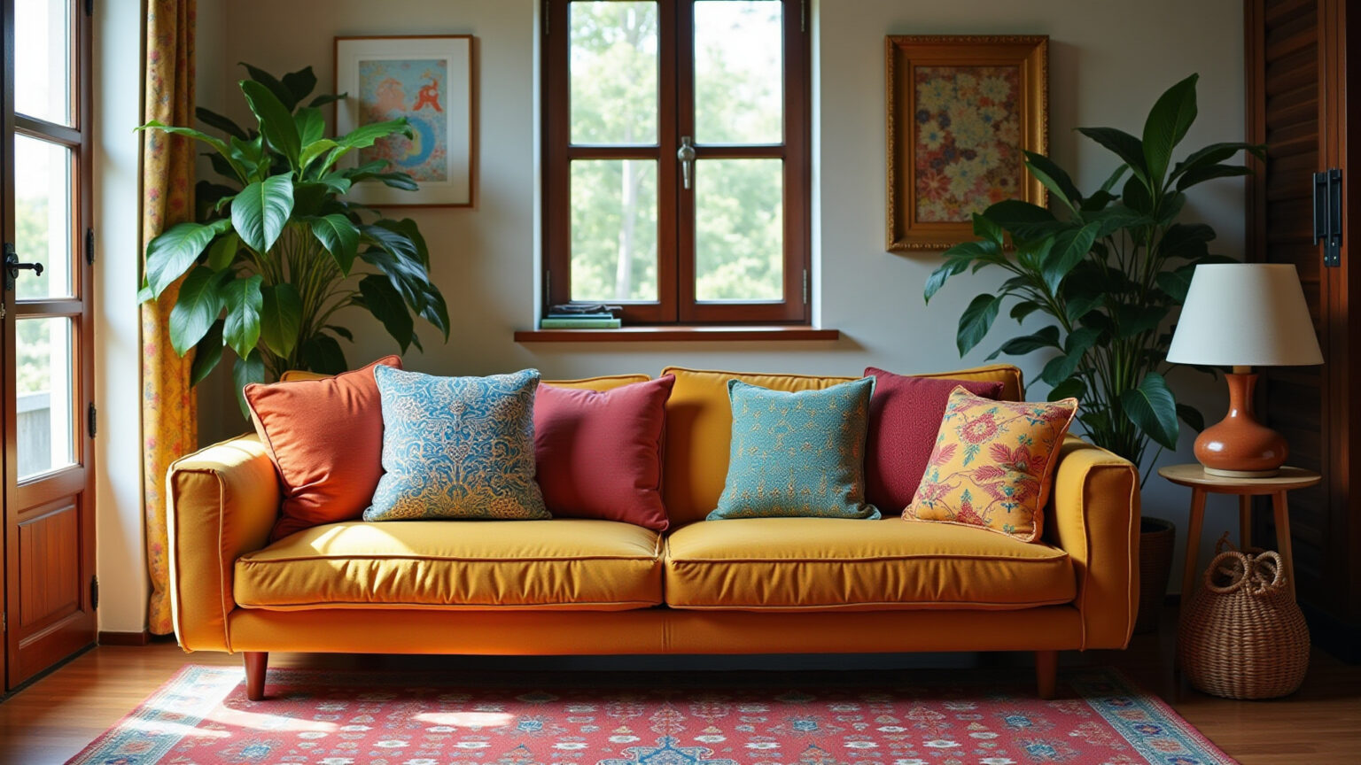 Sala vibrante com almofadas coloridas e design brasileiro.