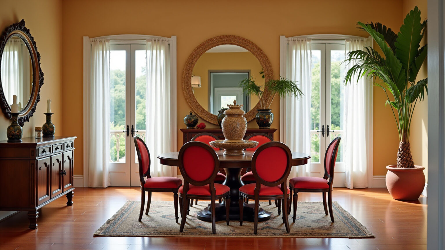 Sala de jantar elegante com espelho amplo refletindo luz e decoração brasileira vibrante.