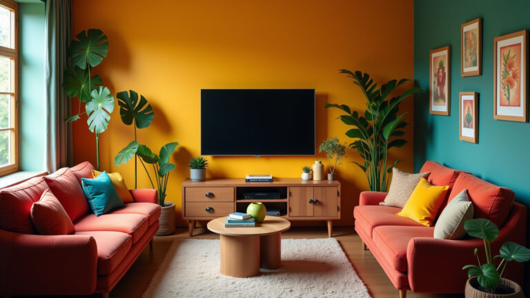 Sala de TV aconchegante com cores vibrantes e sofá confortável.