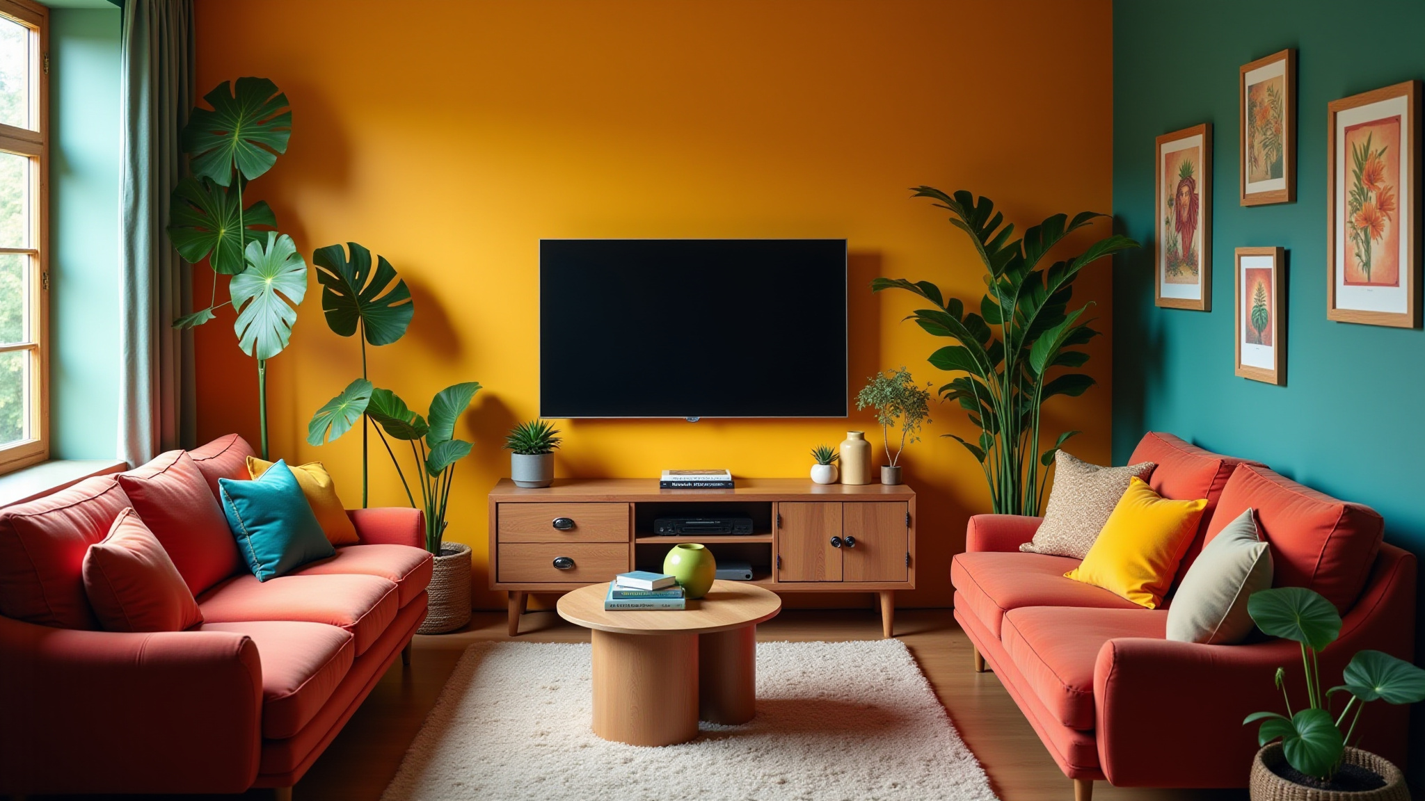 Sala de TV aconchegante com cores vibrantes e sofá confortável.